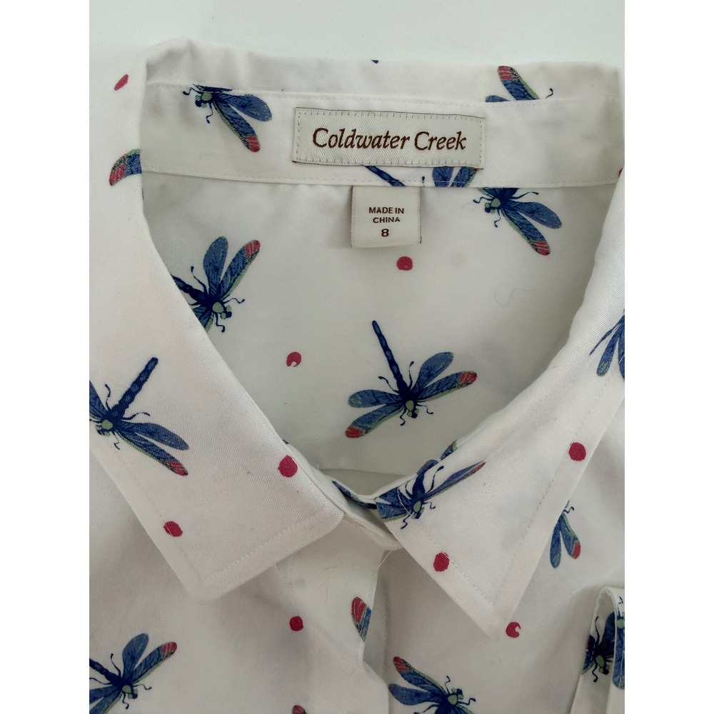 Coldwater Creek Womens White Dragonfly Polka Dot Cotton Button Up Shirt Size 8 - Picture 4 of 5